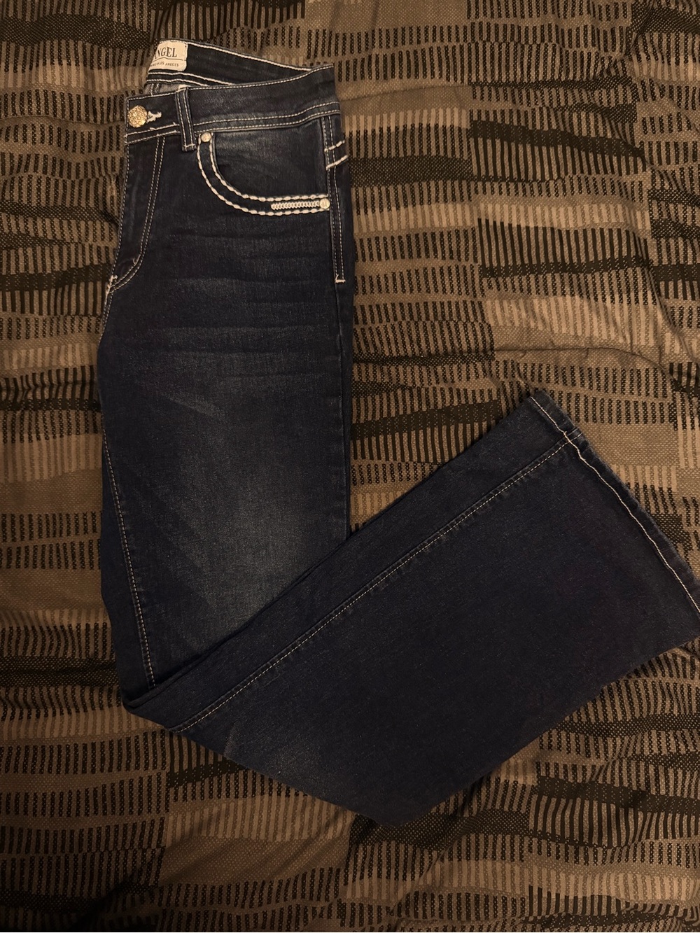 Angel Dark Blue Jeans with White Embroidered Rhinestone Back Pocket